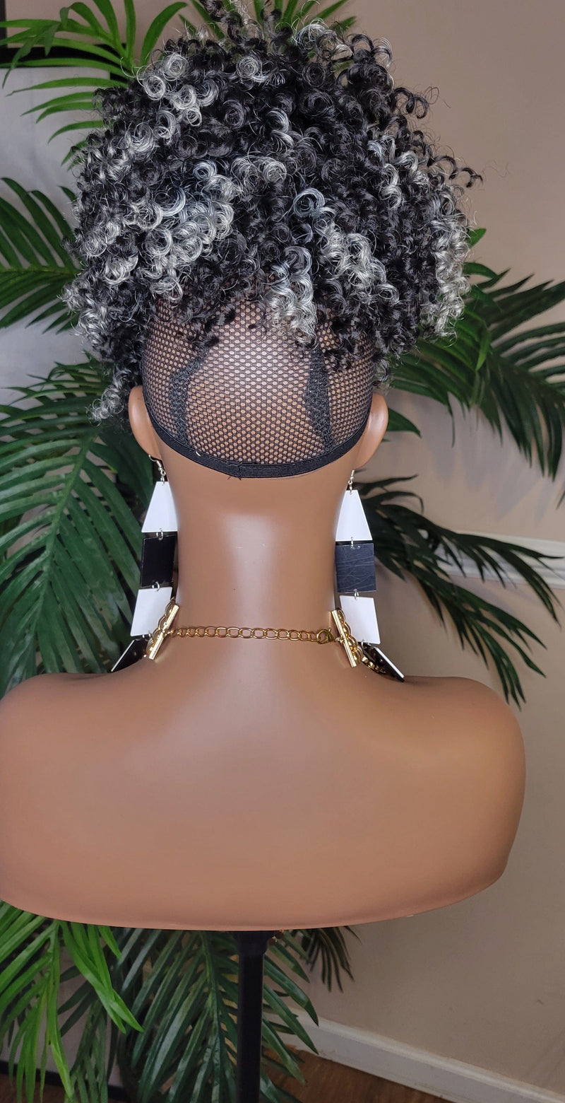 Hair Ponytail Afro Kinky Straw Curls Bangs Ponytail Afro Hair Bun and Bang Ombre Gray Hair Color Ponytail 2pc Hair Peice - Beauty Blessings LLC
