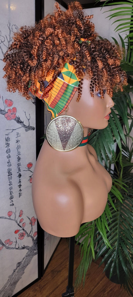 Turban Hair Wig Afro Kinky Puff Bangs Wig Auburn Afro Curly Corkscrew Hair Wrap Wig African Print Head Wrap Wig Afro Puff Hair Bang Wig - Beauty Blessings LLC