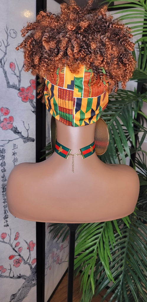 Turban Hair Wig Afro Kinky Puff Bangs Wig Auburn Afro Curly Corkscrew Hair Wrap Wig African Print Head Wrap Wig Afro Puff Hair Bang Wig - Beauty Blessings LLC