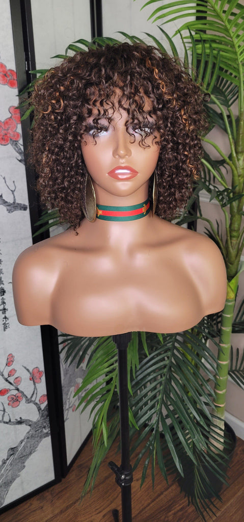 Short Beach Curl Spring Curl Brazilian Remy 100% Human Hair Brown Auburn Colored Hair Wig with Bangs - Beauty Blessings LLC