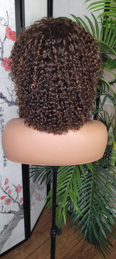 Short Beach Curl Spring Curl Brazilian Remy 100% Human Hair Brown Auburn Colored Hair Wig with Bangs - Beauty Blessings LLC