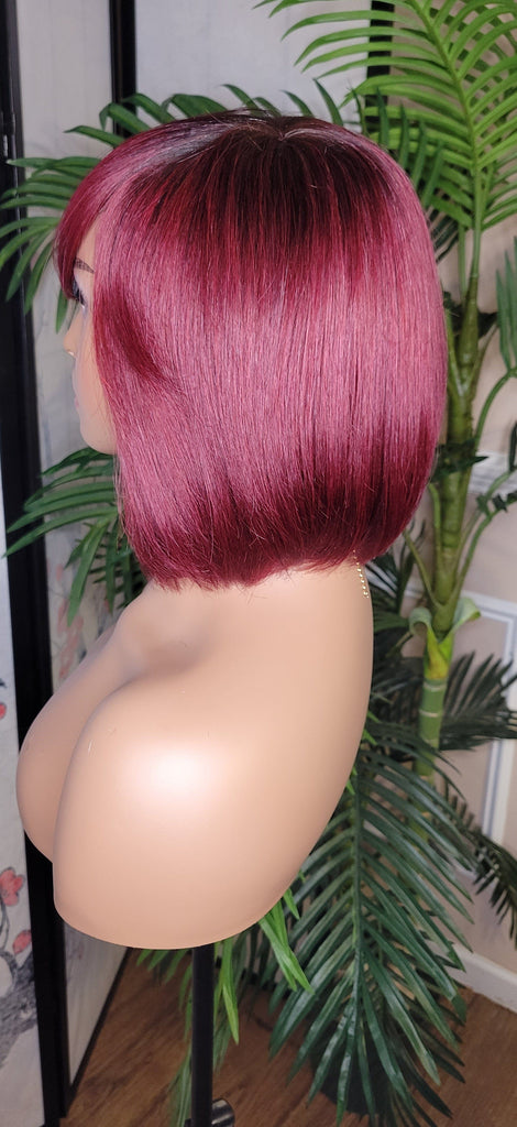 Burgundy Hair Brazilian Remy Human Hair Remy Short Hair Bob Style Swoop Bang Wig Full Cap Wig - Beauty Blessings LLC