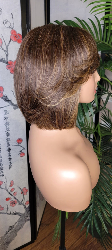 Brown Auburn Bob Hairstyle Brazilian Remy Human Hair Remy Short Hair Swoop Bang Wig Auburn Highlights Full Cap Wig - Beauty Blessings LLC