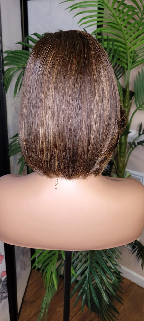 Brown Auburn Bob Hairstyle Brazilian Remy Human Hair Remy Short Hair Swoop Bang Wig Auburn Highlights Full Cap Wig - Beauty Blessings LLC