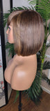 Brown Auburn Bob Hairstyle Brazilian Remy Human Hair Remy Short Hair Swoop Bang Wig Auburn Highlights Full Cap Wig - Beauty Blessings LLC
