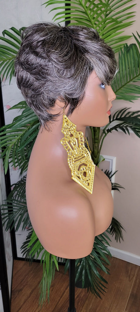 Salt Pepper Gray Mix Hair Brazilian Remy 100% Human Hair Pixie Cut Swoop Bang Hairstyle Human Hair Wig - Beauty Blessings LLC