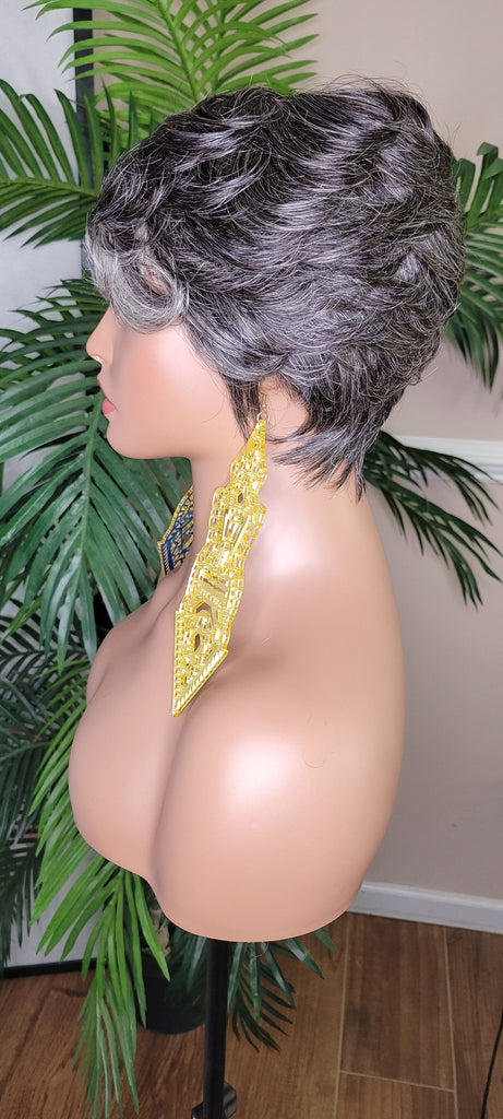 Salt Pepper Gray Mix Hair Brazilian Remy 100% Human Hair Pixie Cut Swoop Bang Hairstyle Human Hair Wig - Beauty Blessings LLC