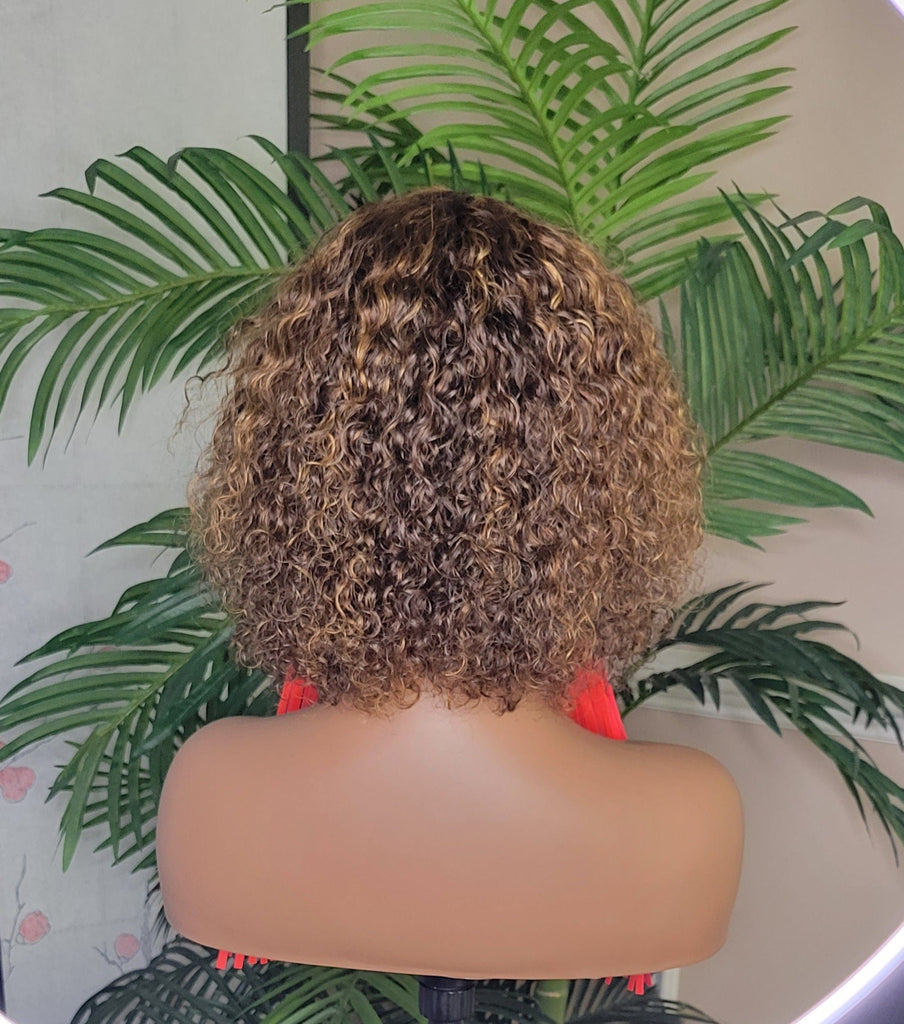 Ombre Brown Auburn Strawberry Blonde Jerry Curl Bob Hairstyle Brazilian Remy 100% Human Hair Wig Pixie Short Bob Hair Wig - Beauty Blessings LLC