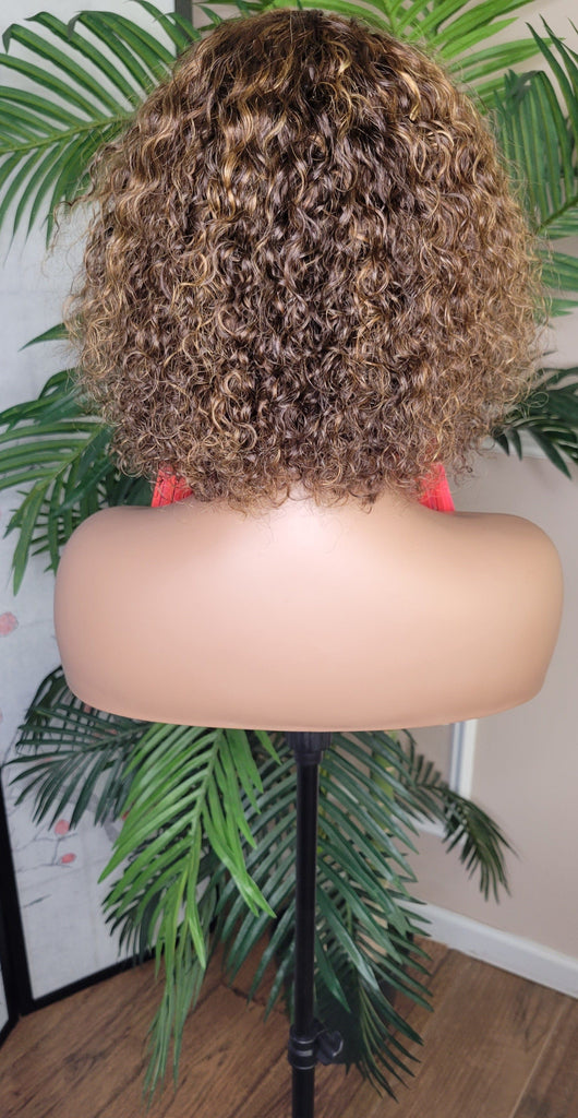 Ombre Brown Auburn Strawberry Blonde Jerry Curl Bob Hairstyle Brazilian Remy 100% Human Hair Wig Pixie Short Bob Hair Wig - Beauty Blessings LLC