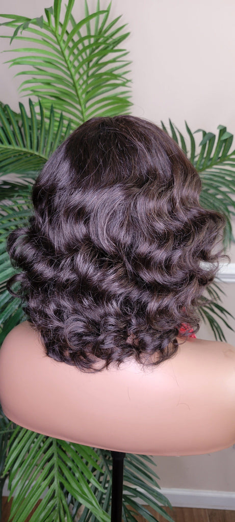 Deep Curl Natural Wave Pixie Short Bob Brazilian Remy Remy 100% Human Hair with Bangs Big Barrel Body Curl Hair Wig - Beauty Blessings LLC