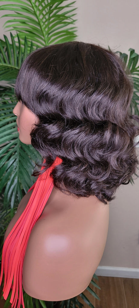 Deep Curl Natural Wave Pixie Short Bob Brazilian Remy Remy 100% Human Hair with Bangs Big Barrel Body Curl Hair Wig - Beauty Blessings LLC