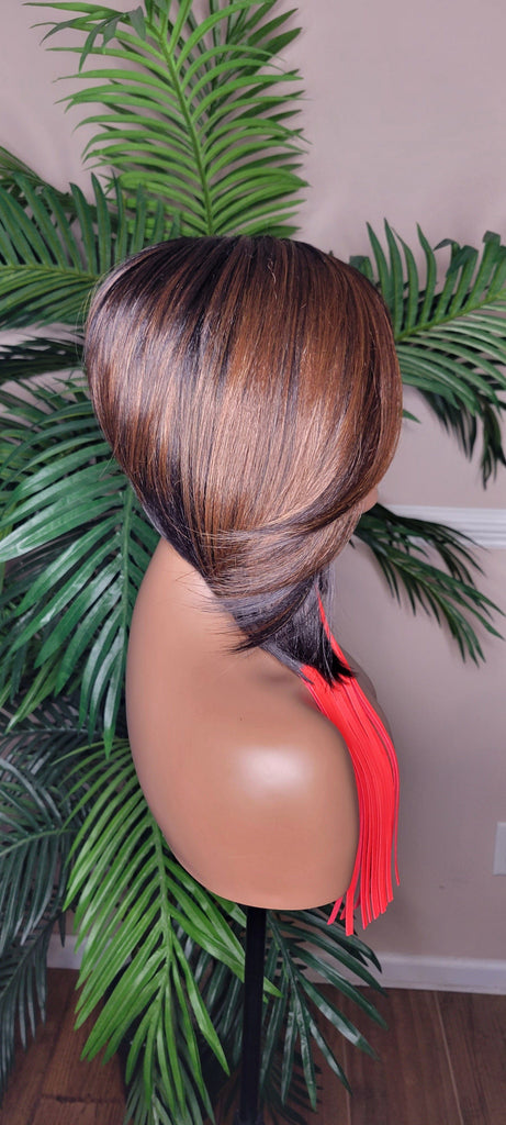 Pixie Cut Bob Hairstyle Razor Cut Swoop Bang Glueless Lace  Wig Full Cap Wig Ombre Black Brown Auburn Mix - Beauty Blessings LLC