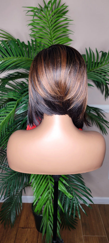 Pixie Cut Bob Hairstyle Razor Cut Swoop Bang Glueless Lace  Wig Full Cap Wig Ombre Black Brown Auburn Mix - Beauty Blessings LLC