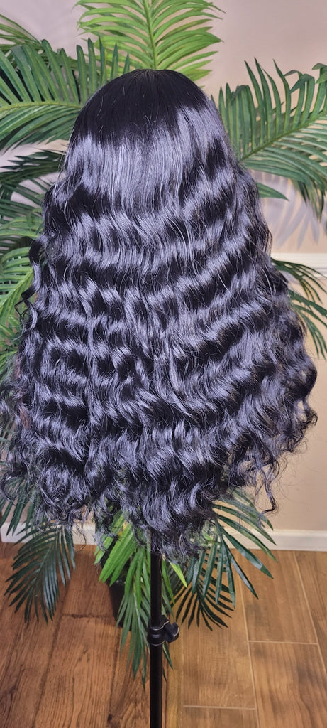 Natural Deep Wave Hair Full Wig with Bangs Wavy Straight Bang Hairstyle Glueless Wig - Beauty Blessings LLC