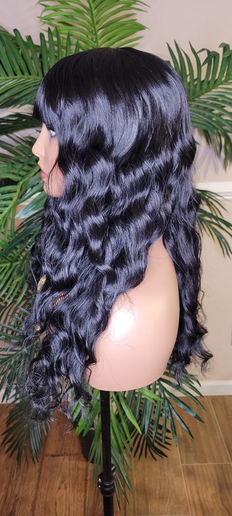 Natural Deep Wave Hair Full Wig with Bangs Wavy Straight Bang Hairstyle Glueless Wig - Beauty Blessings LLC