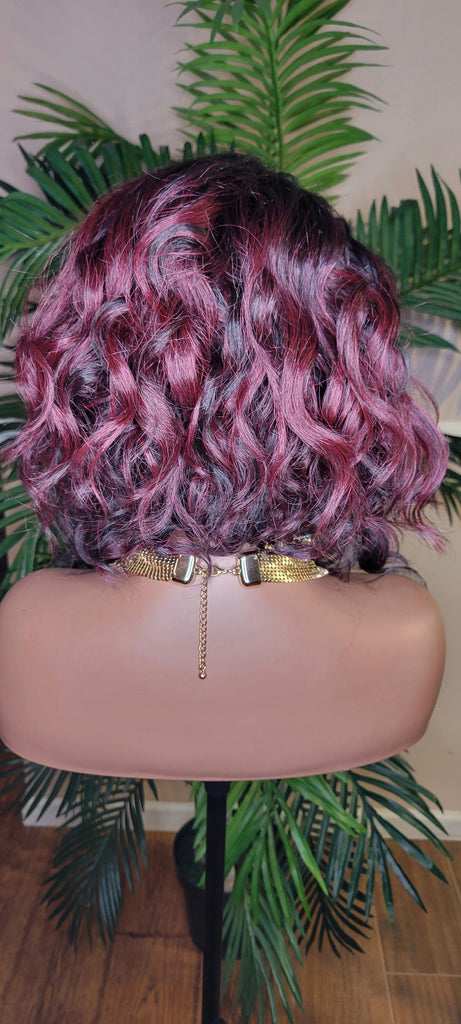 WIG Burgundy Hair Wig Bob Style Loose Wave Lace Wig Preplucked Lace Wig Swoop Bang Hair Ombre Burgundy Dark Wine Plum Color Wig - Beauty Blessings LLC