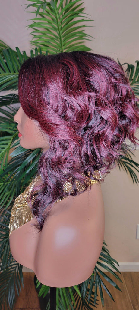 WIG Burgundy Hair Wig Bob Style Loose Wave Lace Wig Preplucked Lace Wig Swoop Bang Hair Ombre Burgundy Dark Wine Plum Color Wig - Beauty Blessings LLC
