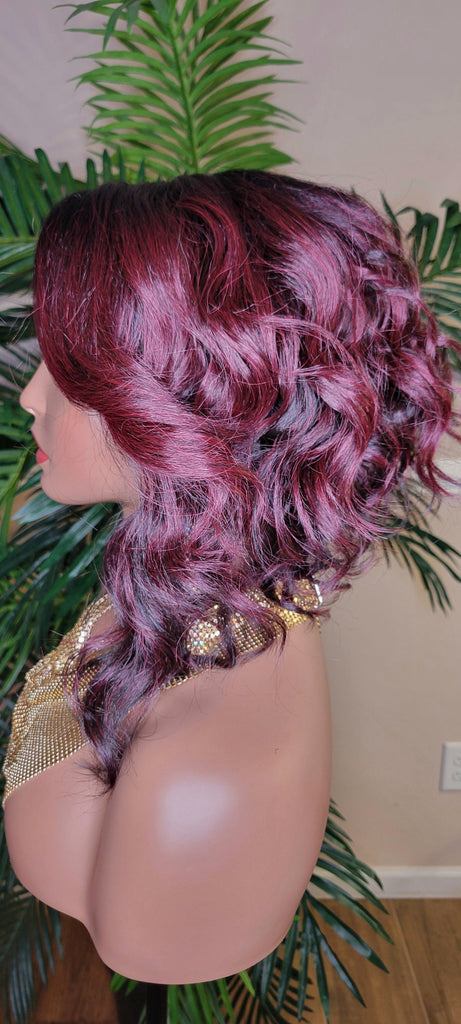 WIG Burgundy Hair Wig Bob Style Loose Wave Lace Wig Preplucked Lace Wig Swoop Bang Hair Ombre Burgundy Dark Wine Plum Color Wig - Beauty Blessings LLC