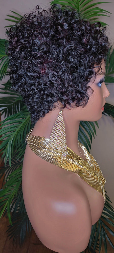 Burgundy Streaks Brazilian Remy Human Hair Pixie Cut Curl Hair Wig Soft Short Cut Curly Water Wave Natural Hairstyle Wig 100% Human Hair Wig - Beauty Blessings LLC