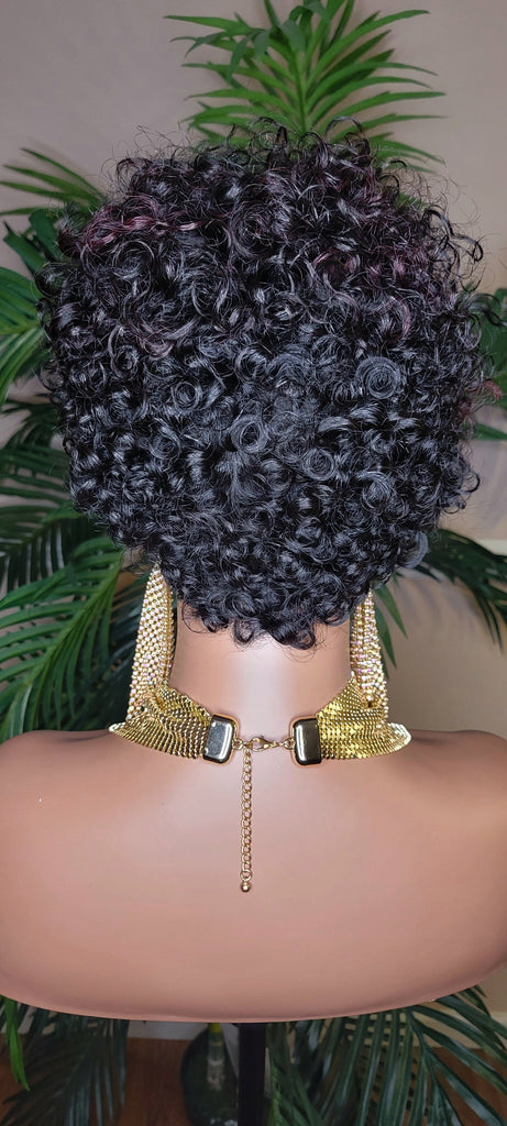 Burgundy Streaks Brazilian Remy Human Hair Pixie Cut Curl Hair Wig Soft Short Cut Curly Water Wave Natural Hairstyle Wig 100% Human Hair Wig - Beauty Blessings LLC