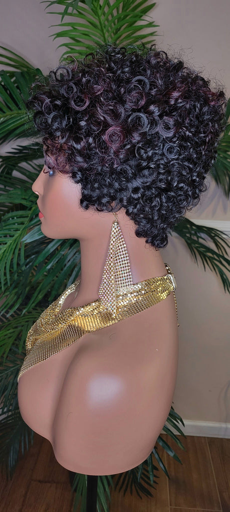 Burgundy Streaks Brazilian Remy Human Hair Pixie Cut Curl Hair Wig Soft Short Cut Curly Water Wave Natural Hairstyle Wig 100% Human Hair Wig - Beauty Blessings LLC