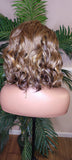 Body Wave Hair Bob Hairstyle Glueless Lace Front Wig with Swoop Bangs Brown Golden Blonde Mix Colored Hair Lace Part Wig - Beauty Blessings LLC