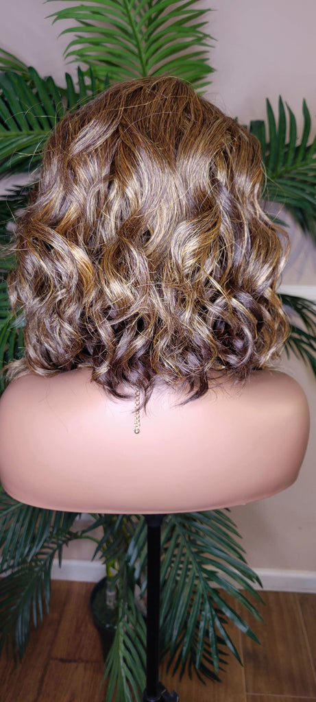 Body Wave Hair Bob Hairstyle Glueless Lace Front Wig with Swoop Bangs Brown Golden Blonde Mix Colored Hair Lace Part Wig - Beauty Blessings LLC