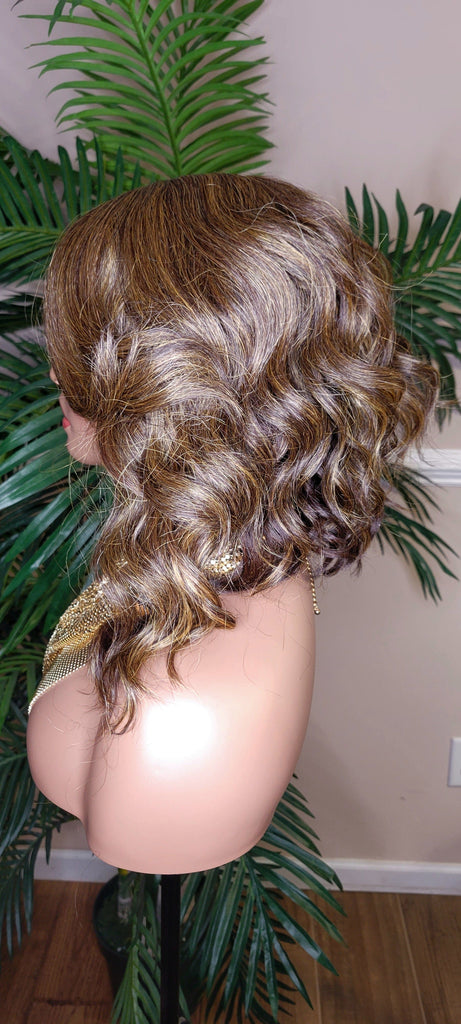 Body Wave Hair Bob Hairstyle Glueless Lace Front Wig with Swoop Bangs Brown Golden Blonde Mix Colored Hair Lace Part Wig - Beauty Blessings LLC