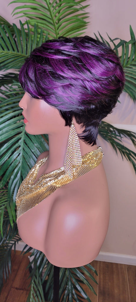 Purple Hair Wig Swoop Bang Pixie Cut Remy 100% Human Hair Wig Short Hairstyle Colored Glueless Wig - Beauty Blessings LLC