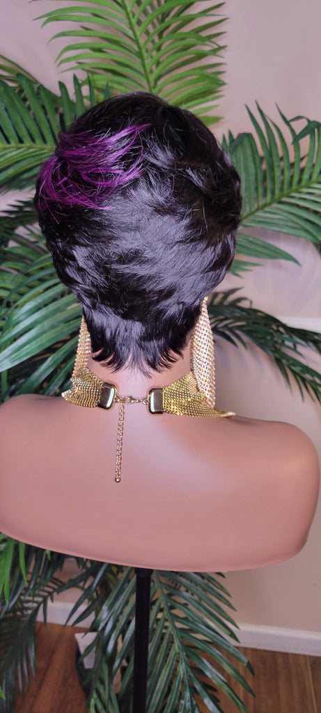 Purple Hair Wig Swoop Bang Pixie Cut Remy 100% Human Hair Wig Short Hairstyle Colored Glueless Wig - Beauty Blessings LLC