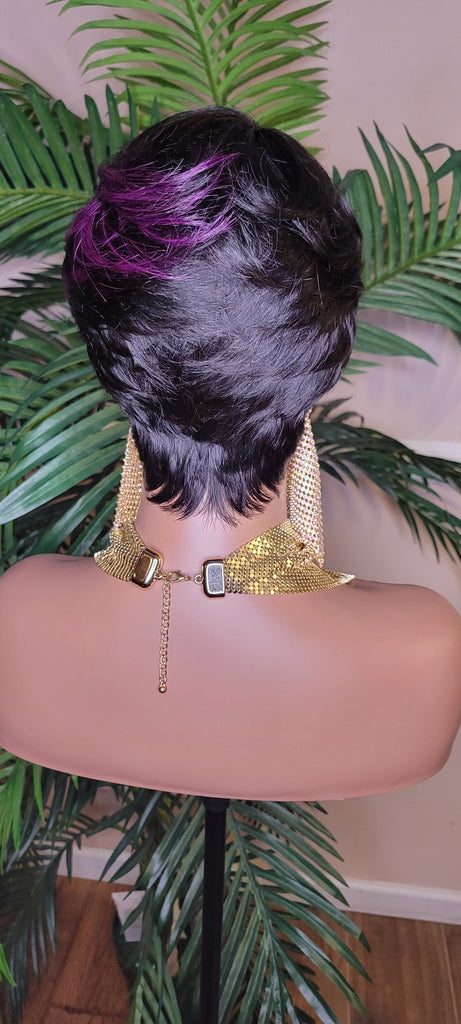 Purple Hair Wig Swoop Bang Pixie Cut Remy 100% Human Hair Wig Short Hairstyle Colored Glueless Wig - Beauty Blessings LLC