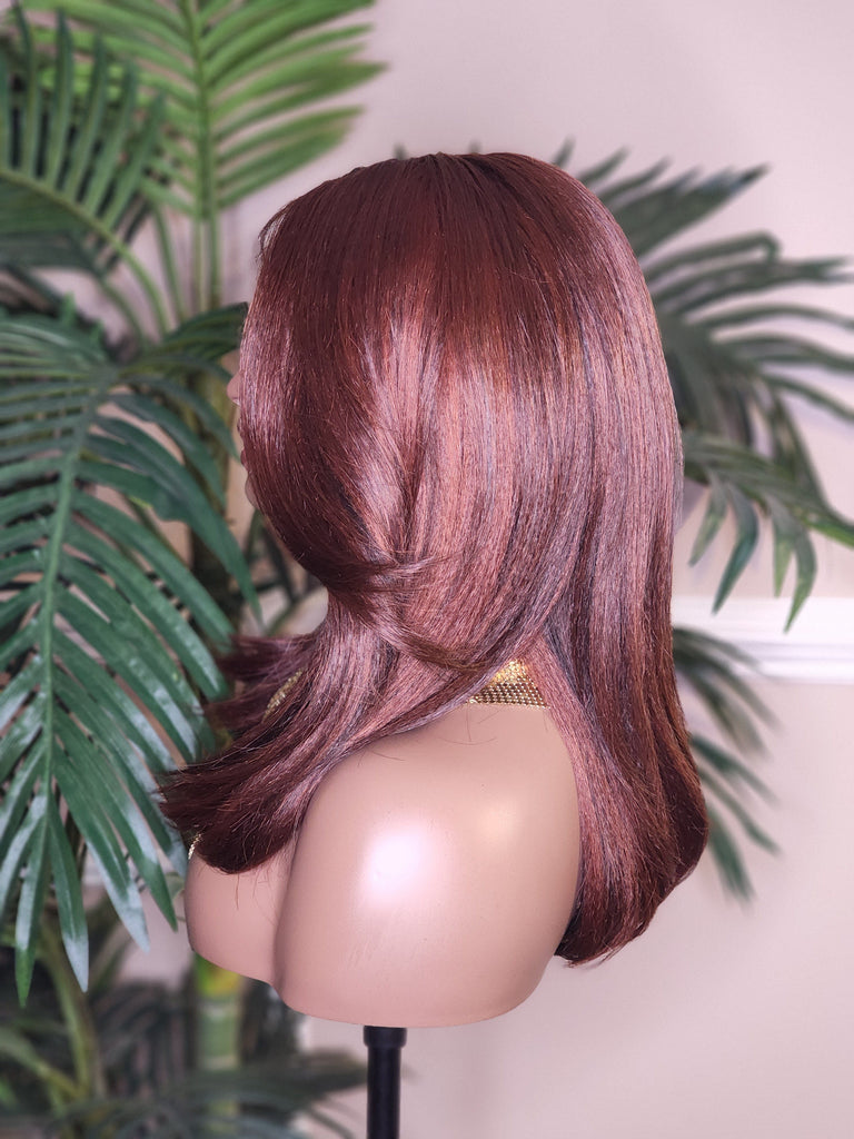 Ombre Brown Burgundy Copper Hair Wig Yaki Texture Blow Out Hairstyle Lace Front Glueless Wig Straight Coarse Kinky Medium Length Hair Wig - Beauty Blessings LLC