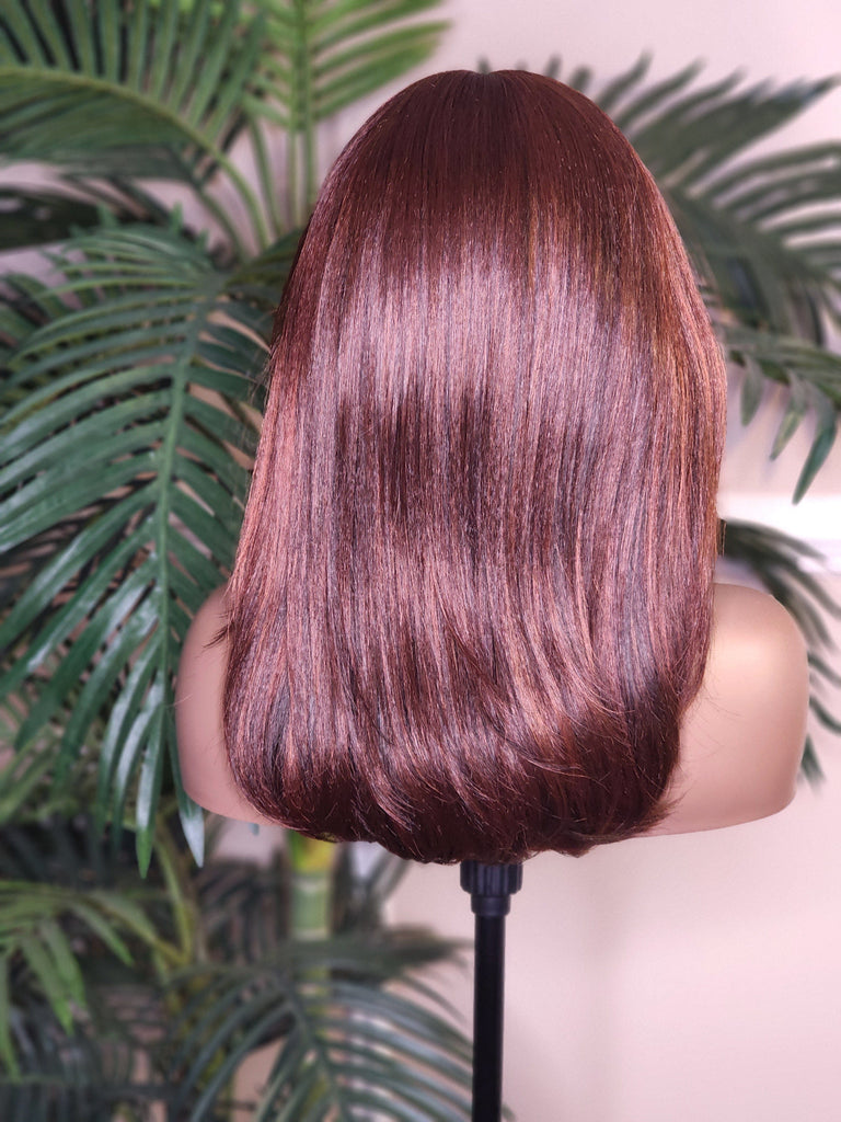 Ombre Brown Burgundy Copper Hair Wig Yaki Texture Blow Out Hairstyle Lace Front Glueless Wig Straight Coarse Kinky Medium Length Hair Wig - Beauty Blessings LLC