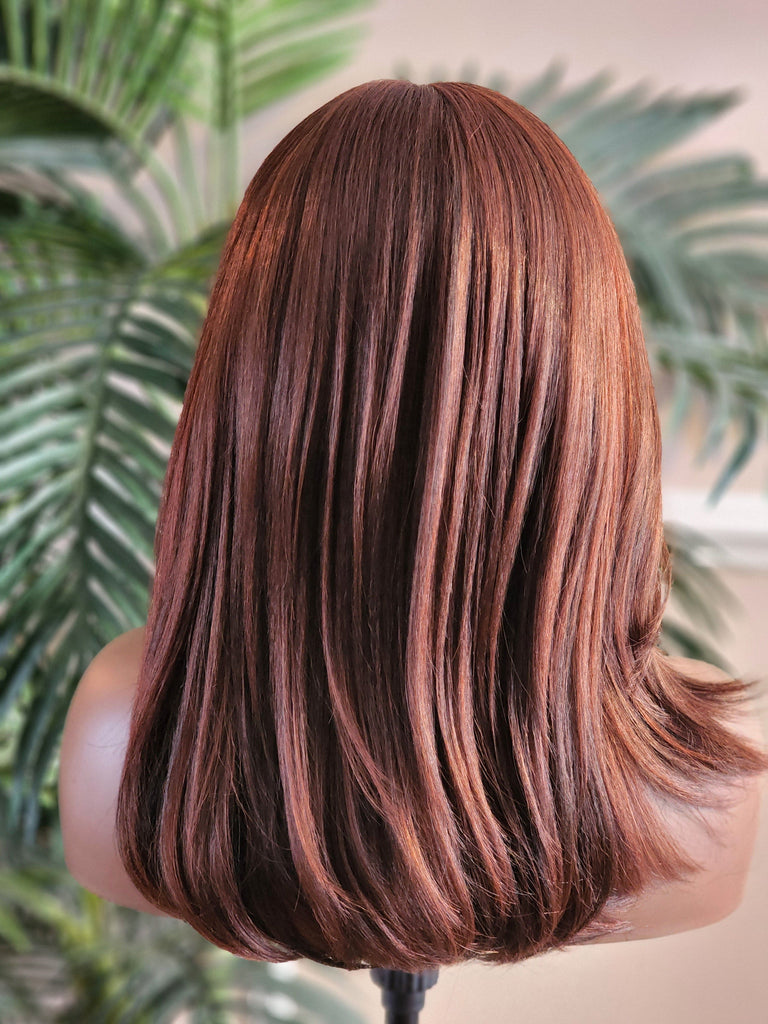 Ombre Brown Burgundy Copper Hair Wig Yaki Texture Blow Out Hairstyle Lace Front Glueless Wig Straight Coarse Kinky Medium Length Hair Wig - Beauty Blessings LLC