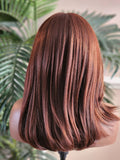 Ombre Brown Burgundy Copper Hair Wig Yaki Texture Blow Out Hairstyle Lace Front Glueless Wig Straight Coarse Kinky Medium Length Hair Wig - Beauty Blessings LLC