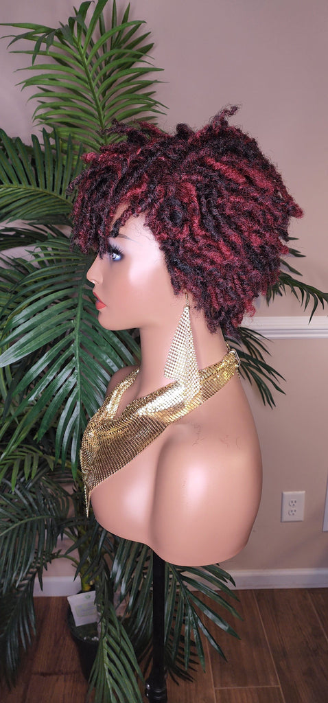 Burgundy Hair Afro Short Pixie Cut Kinky Coily Twist Coil Dread Lock Natural Style Wig Burgundy Rum Black Mix Color Hairstyle Wig - Beauty Blessings LLC