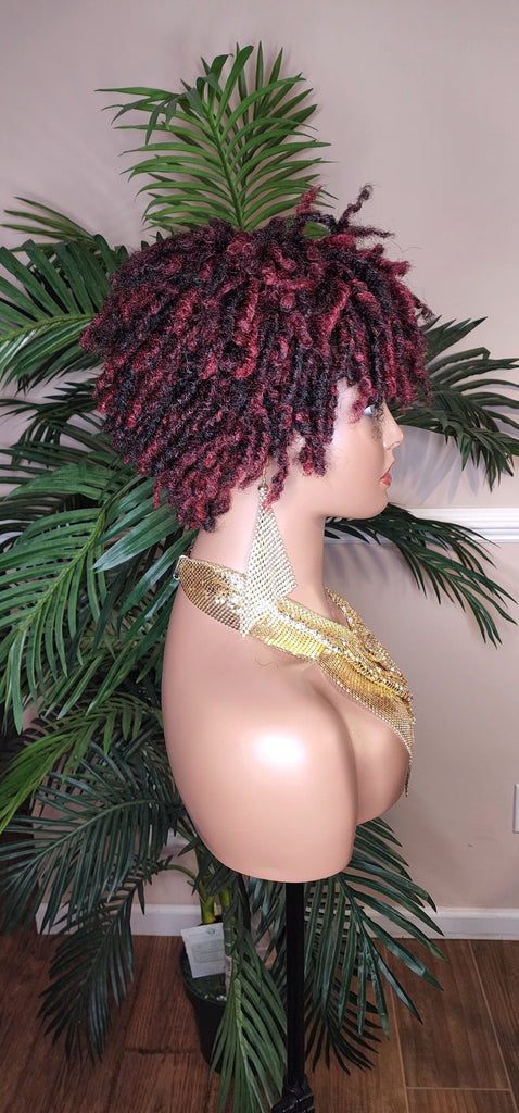 Burgundy Hair Afro Short Pixie Cut Kinky Coily Twist Coil Dread Lock Natural Style Wig Burgundy Rum Black Mix Color Hairstyle Wig - Beauty Blessings LLC