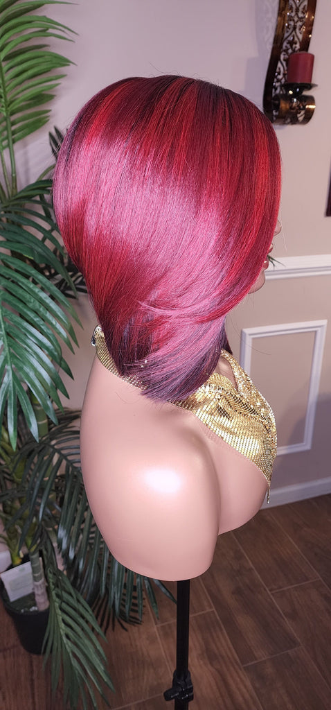 Burgundy Bob Hairstyle Razor Cut Swoop Bang Glueless Lace Front Wig Full Cap Wig Ombre Mix Burgundy Colored Wig - Beauty Blessings LLC