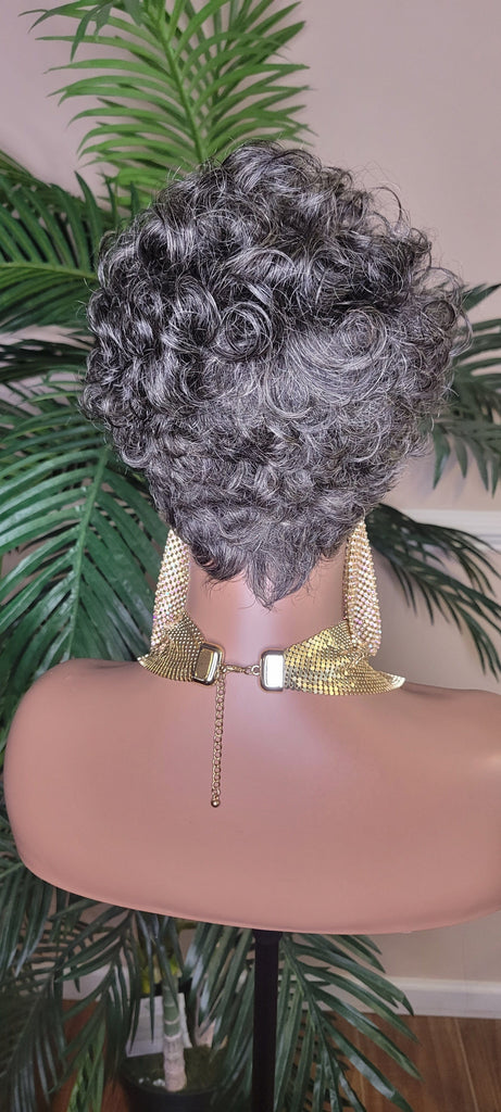 Gray Hair Wig Pixie Cut Celebrity Inspired Style Wig Pixie Salt Pepper Hair Color Curl 100% Remy Human Hair Wig - Beauty Blessings LLC