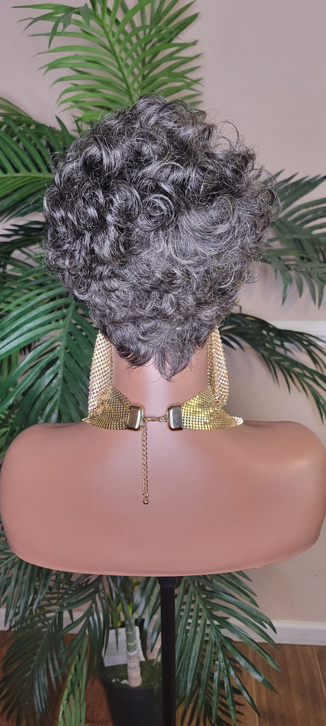 Gray Hair Wig Pixie Cut Celebrity Inspired Style Wig Pixie Salt Pepper Hair Color Curl 100% Remy Human Hair Wig - Beauty Blessings LLC