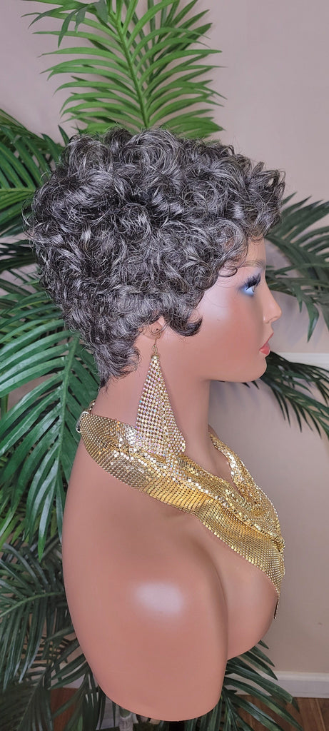 Gray Hair Wig Pixie Cut Celebrity Inspired Style Wig Pixie Salt Pepper Hair Color Curl 100% Remy Human Hair Wig - Beauty Blessings LLC
