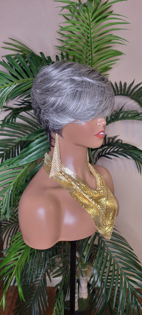 Gray Hair Wig Pixie Cut Swoop Bang Short Cut Hairstyle Gray Black Mix Colored Hair - Beauty Blessings LLC
