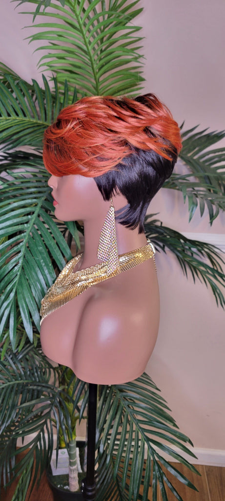 Copper Color Wig  Swoop Bang Wig Short Cut Celebrity Inspired Pixie Cut Hair Wig with Swooo Bangs and Layers Color Shown Off Black Ombre Copper Bang - Beauty Blessings LLC