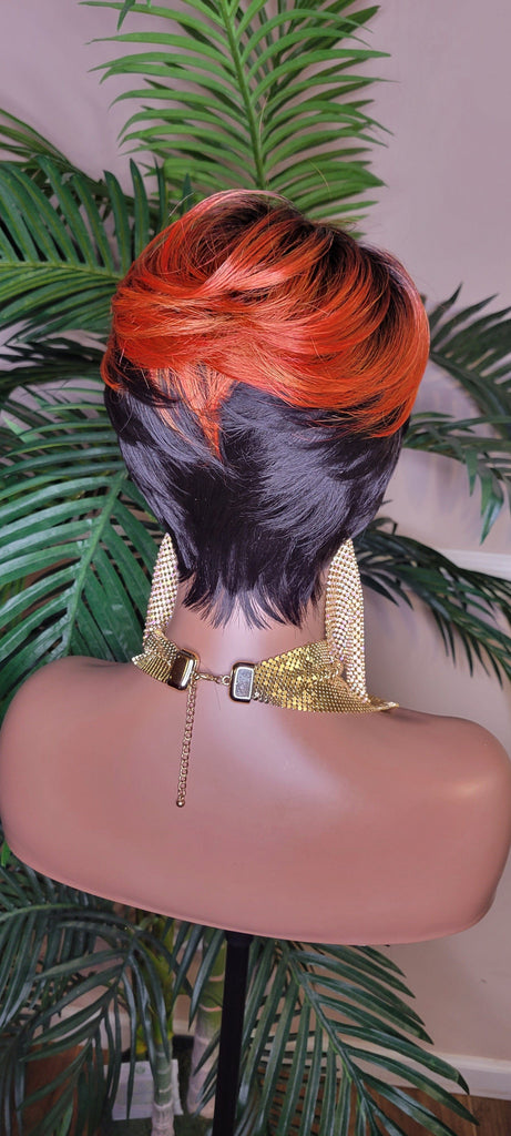Copper Color Wig  Swoop Bang Wig Short Cut Celebrity Inspired Pixie Cut Hair Wig with Swooo Bangs and Layers Color Shown Off Black Ombre Copper Bang - Beauty Blessings LLC