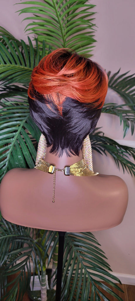 Copper Color Wig  Swoop Bang Wig Short Cut Celebrity Inspired Pixie Cut Hair Wig with Swooo Bangs and Layers Color Shown Off Black Ombre Copper Bang - Beauty Blessings LLC