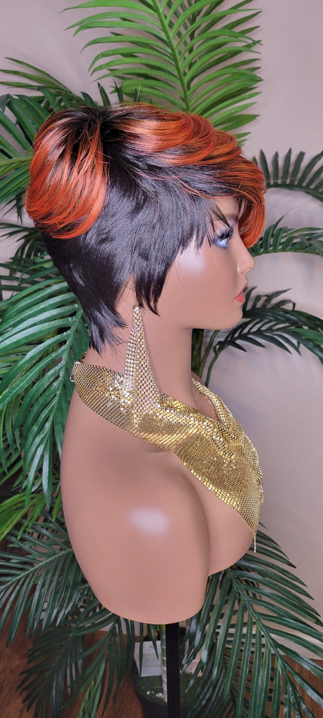 Copper Color Wig  Swoop Bang Wig Short Cut Celebrity Inspired Pixie Cut Hair Wig with Swooo Bangs and Layers Color Shown Off Black Ombre Copper Bang - Beauty Blessings LLC