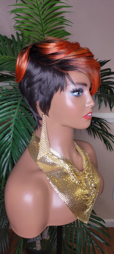 Copper Color Wig  Swoop Bang Wig Short Cut Celebrity Inspired Pixie Cut Hair Wig with Swooo Bangs and Layers Color Shown Off Black Ombre Copper Bang - Beauty Blessings LLC