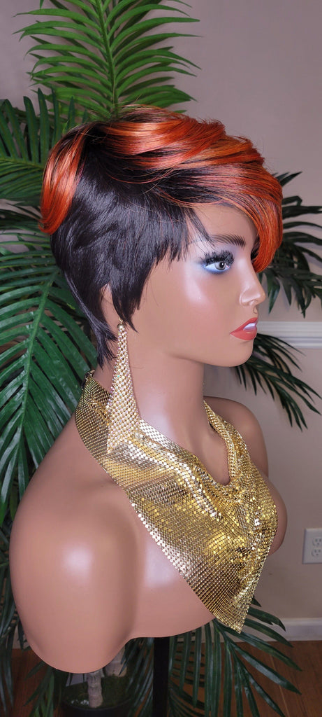 Copper Color Wig  Swoop Bang Wig Short Cut Celebrity Inspired Pixie Cut Hair Wig with Swooo Bangs and Layers Color Shown Off Black Ombre Copper Bang - Beauty Blessings LLC