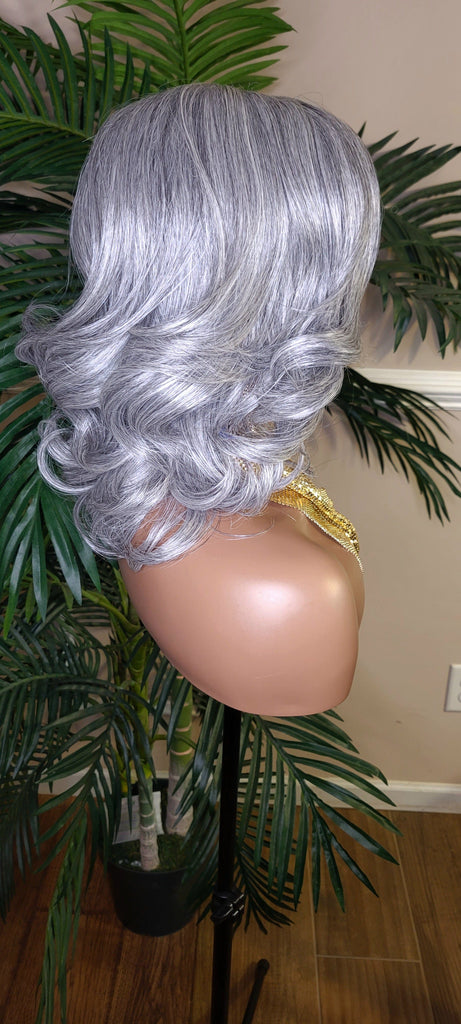 Gray Hair Curly Hair Yaki Texture Voluminous Curl Hair Wig Barrel Curly Natural Hair Wig Baby Hairs Light Salt Pepper Hair Wig - Beauty Blessings LLC
