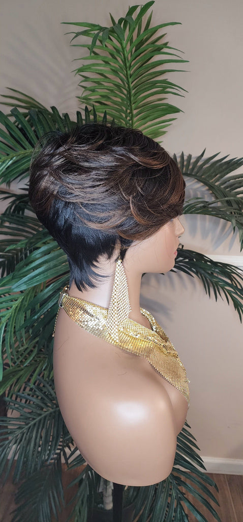 Pixie Cut Wig Chocolate Brown Dark Brown Auburn Hair Short Hairstyle Wig with Swoop Bangs Hair Glueless Wigs for Women Celebrity Hairstyles - Beauty Blessings LLC